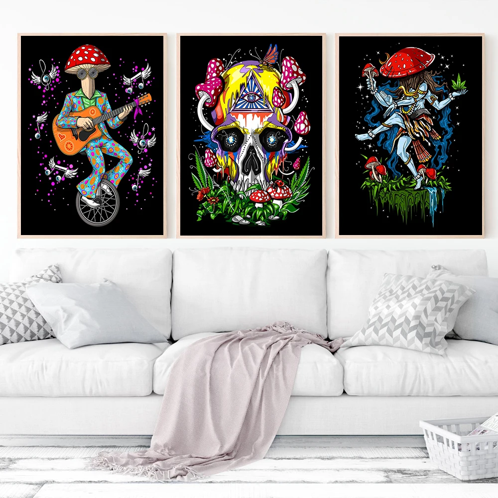 Magic Mushrooms Third Eye Skull Posters Hindu God Shiva Canvas Paintings Hippie Festival Wall Art Guitarist Room Decor Pictures