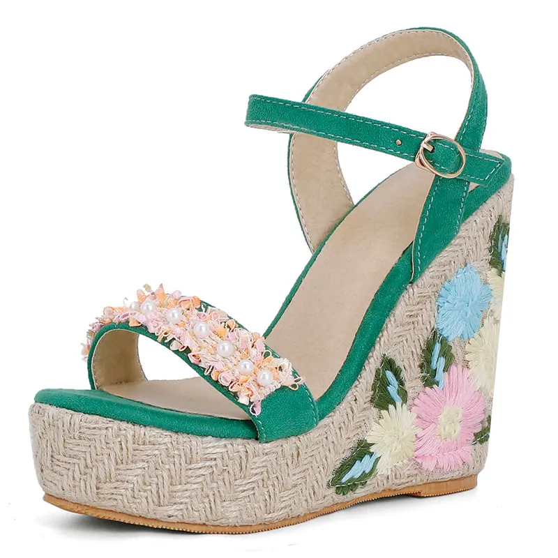 Sgesvier Platform Super High Heel Sandals Woman Shoes Espadrille Wedges Heel Sandals Flower Buckle Ladies Footwear Green Size 48