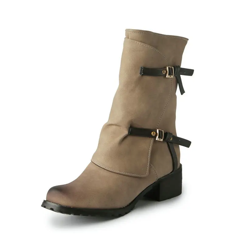 ZawsThia inverno oliva verde militare scarpe da donna cinturino con fibbia da combattimento tacchi bassi grossi stivali da equitazione da donna a