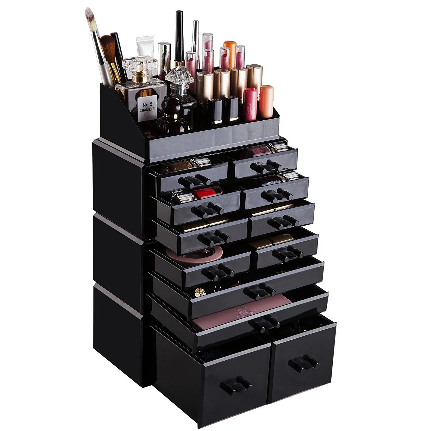 4Pcs/Set Plastic Cosmetics Storage Rack/Shelf/Stand Makeup Organizer Case Transparent Black Compact Fashionable[US-Stock]