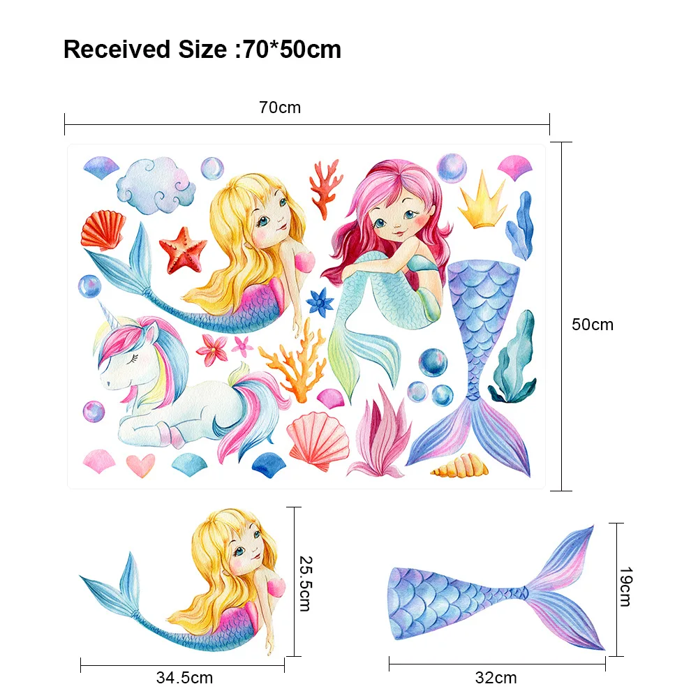 Cartoon Wall Stickers Mermaid Unicorn Underwater World Wall Stickers For Kids Rooms Kindergarten Renovation Decoration Stickers