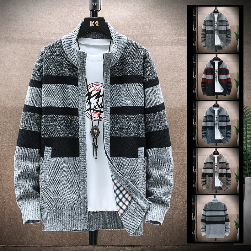 Men\'s Winter Striped Sweater Cardigan Man Patchwork Sweaters Coat Fleece Thick Warm Knitwear Zip Up Coat  Male Jacket