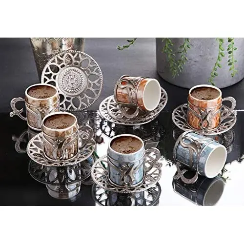 LaModaHome Espresso Coffee Cups with Saucers Set of 6, Porcelain Turkish Arabic Greek Coffee Cups and Saucers, coffee Cup for Wo