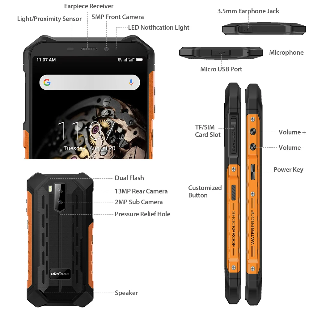 Ulefone Rüstung X5 MT6763 Octa core ip68 Robuste Wasserdichte Smartphone Android 9,0 Handy 3GB 32GB NFC 4G LTE Handy