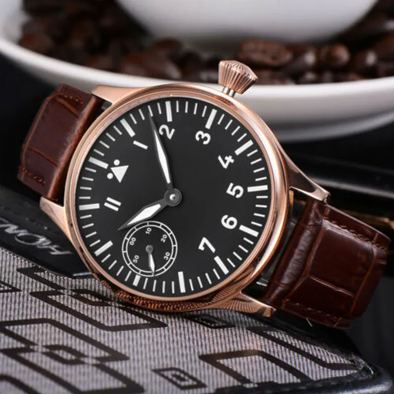 44mm Mens Watch Hands Winding st3600 Movement Rosegole Case Super Luminous Dial 316L SS Cowhide Manual Mechanical 3620