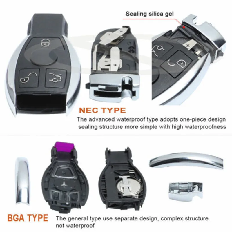 

Корпус для смарт-ключа KEYECU (3/4 кнопки) для Mercedes-Benz A, E, S, G, CLK, SLK, ML классов + держатель батареи