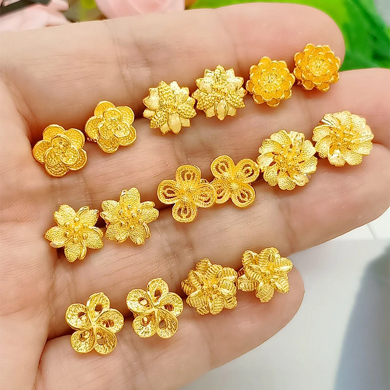 24K Gold GP Stud Earrings For Women African Gold Color Flower Earing Brincos Femme Pendientes Oorbellen Wedding Jewelry Bijoux