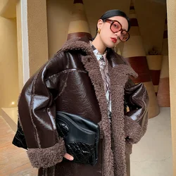 Lambs Wool Motorcycle Jacket Women's Mid-length Leather Fur All-in-one Imitation Fur Coat Winter Warm Parka Coats Female