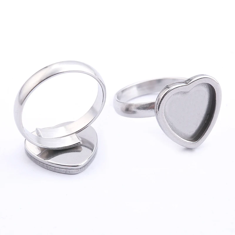 

4pcs Stainless Steel Adjustable Ring Base 12mm Dia Heart Cabochon Settings Diy Blank Glass Bezels Trays For Rings Jewelry Making