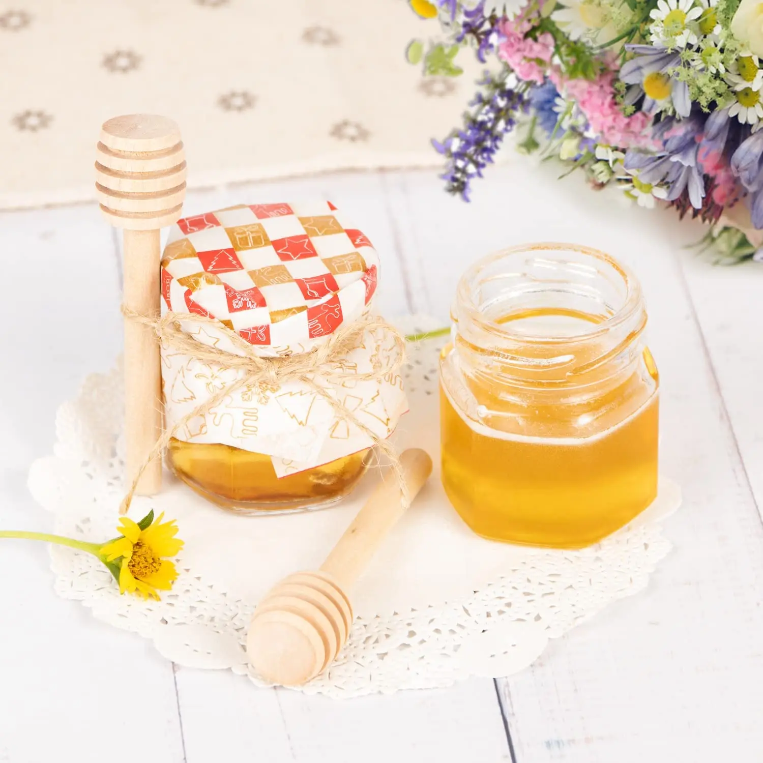 Hexagon Mini Glass Honey Jars with Lids,Honey Wood Dipper,Christmas Wrapping Paper,Square kraft paper,Jute,Honey Wedding Party