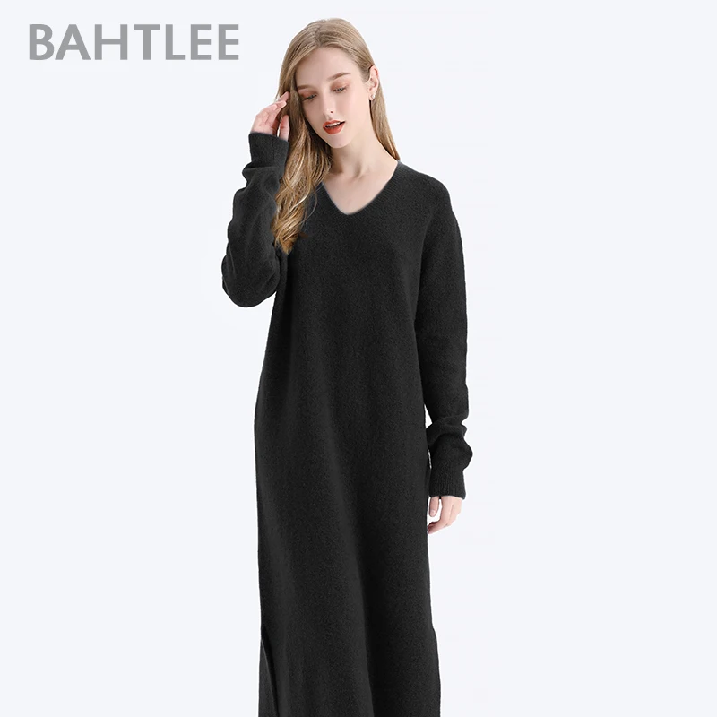 BAHTLEE-Women\'s Yak Velvet Pullover Sweater, Wool Knitted Jumper, Long Sleeves, V-Neck, Loose Style, Autumn, Winter