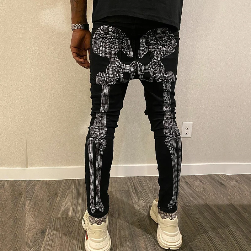 Men\'s Rhinestone Black Stretchy Jeans Skinny Slim Fit Hot Drill Letter Punk Streetwear Biker Trousers Man Denim Pencil Pants y2k
