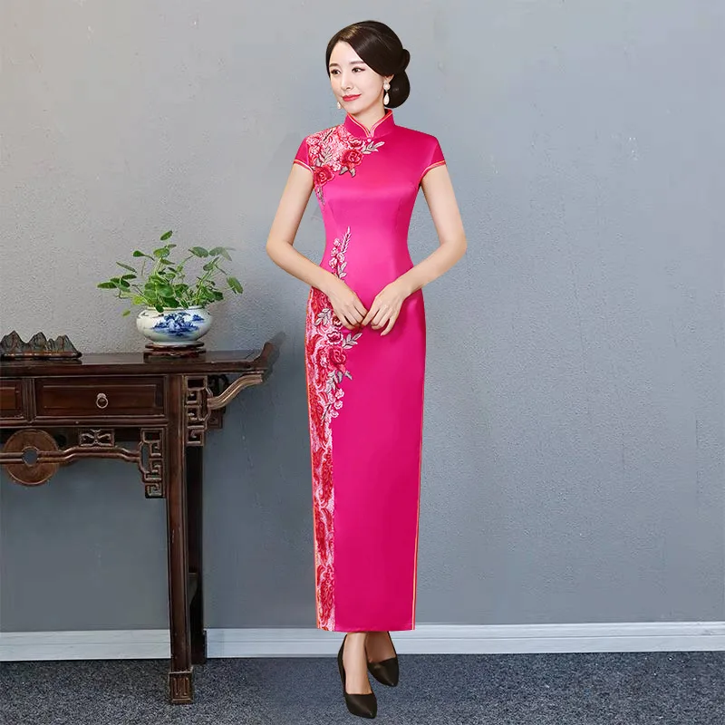 Novelty Women New Chinese Traditional Long Qipao Fashion Stage Show Social Etiquette Dress Vintage Classic Slim Cheongsam