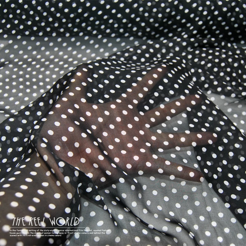 Silk Chiffon Fabric Dress Large Wide Black and White Polka Dot Real  100%  clothing Cloth  DIY Sewing Tissue