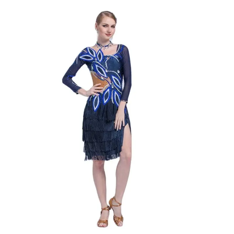 L-17198 Kid Latin dance performances dress adult, long-sleeved dancing bull rumba tassel dress