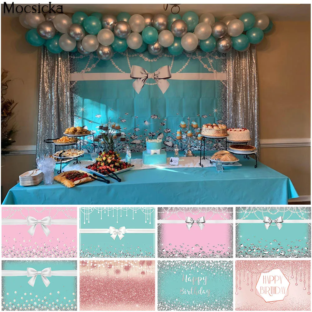 

Turquoise and Silver Birthday Party Backdrop Photography Girl Sweet 16th Blue Banner Cake Table Decor Props Photo Booth Supplies