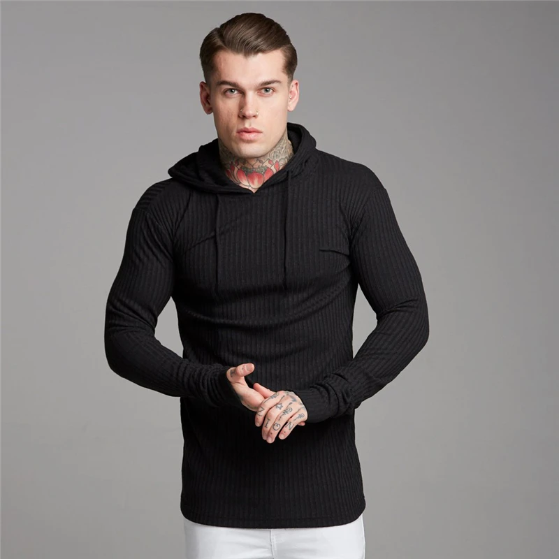 Brand Black Hooded Sweaters Men Casual Pullovers Autumn Winter Fashion Thin Sweater Solid Slim Fit Knited Long Sleeve Knitwear