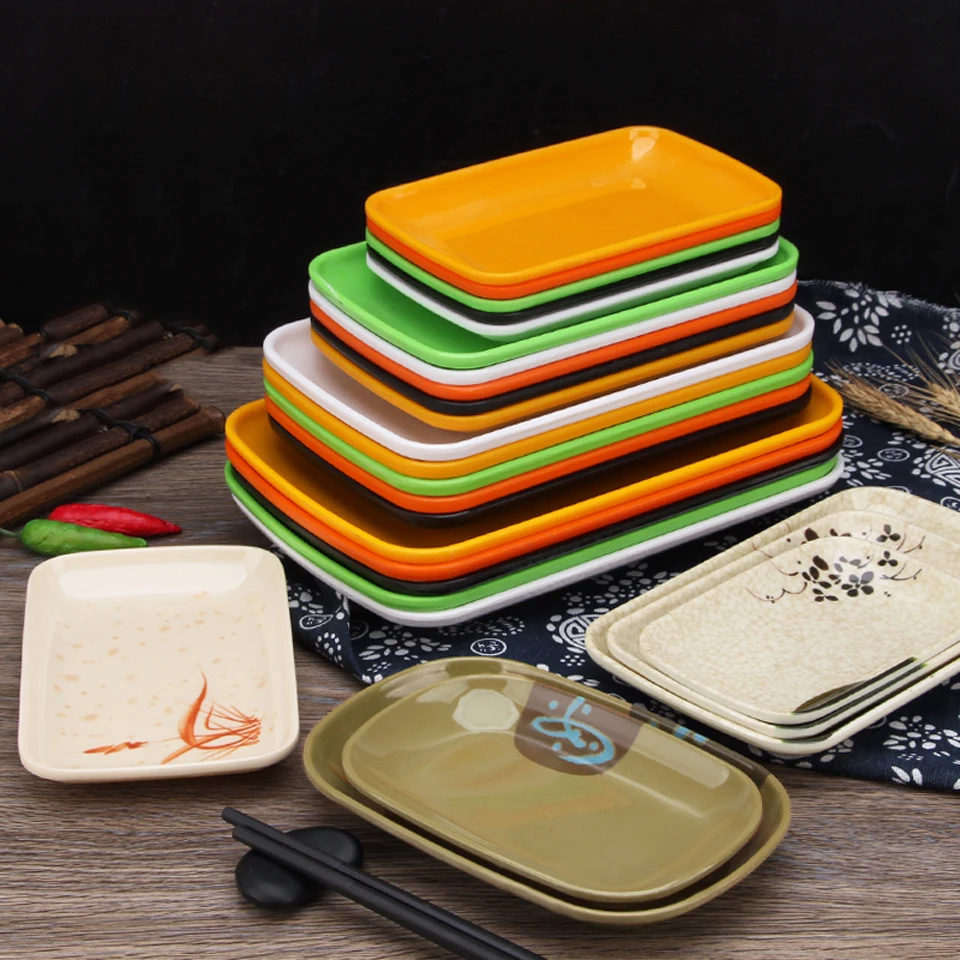 Color Melamine Dish BBQ Grilled Skewer Plastic Dish Plate Rectangular Imitation Porcelain Dish Restaurant Snack Pasta Dish