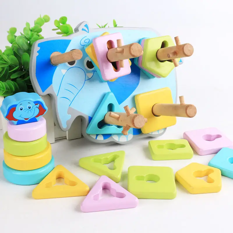 Building Block Toy Cartoon Animal Elephant Shape Matching Column Tower Toy Kids Early Education Interactive Building Blocks