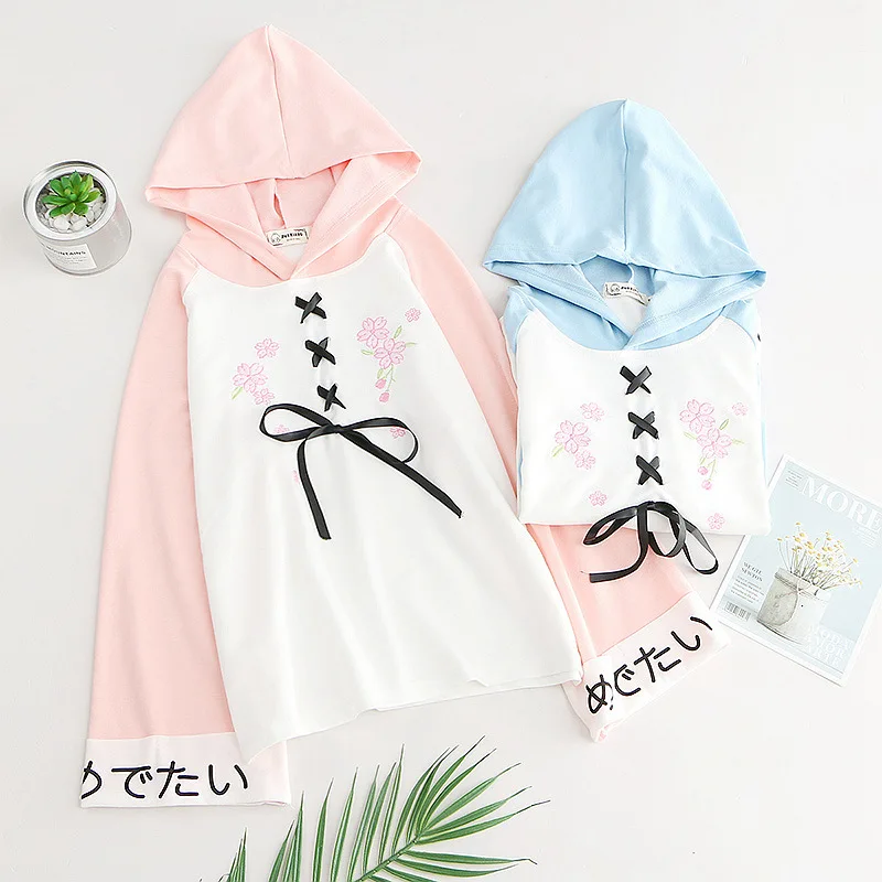 Harajuku Women Lace Up Hoodies Cute Floral Embroidery Hooded Pink Sweatshirt Sweet Girls Bandage Letter Print Pullovers Blue