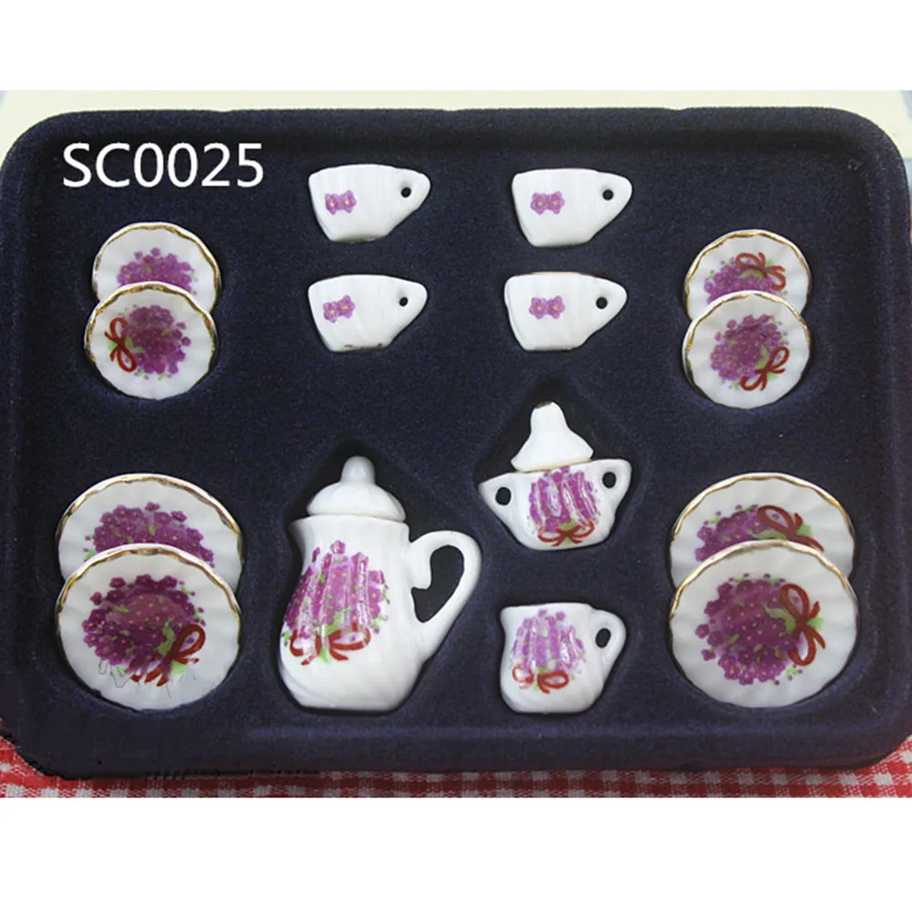 15Pcs 1/12 Dollhouse Miniature Accessories Mini Ceramics Tea Set Simulation Kettle Plate Cup Model Doll House Decoration ob11