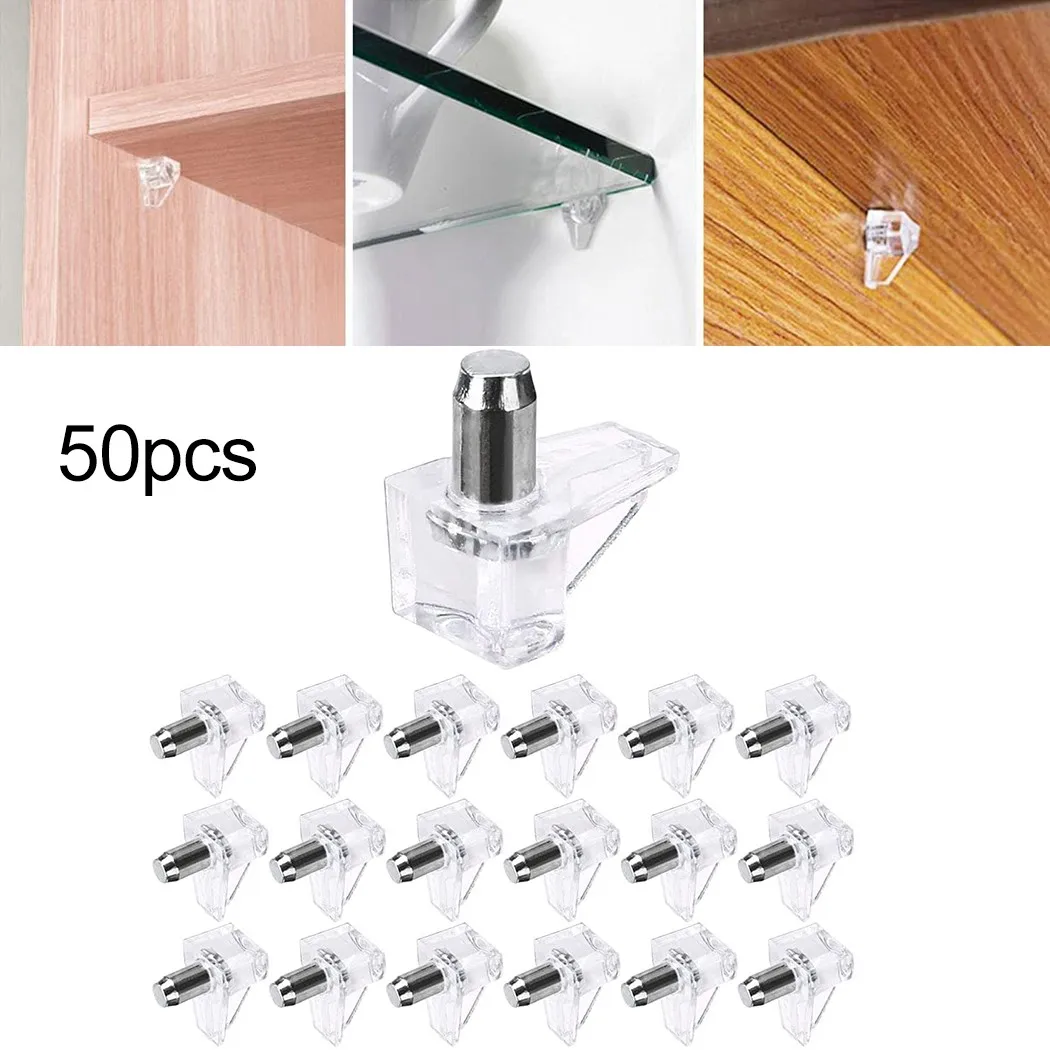 50 Buah Rak Lemari Dapur Bening Mendukung Pasak/Kancing dengan Pin Logam untuk Kit Alat Perangkat Keras Furnitur