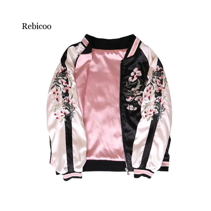 Floral Embroidery women jacket Autumn winter Harajuku Pilot Jacket On Both Sides Casual Baseball Jackets Coats Sukajan