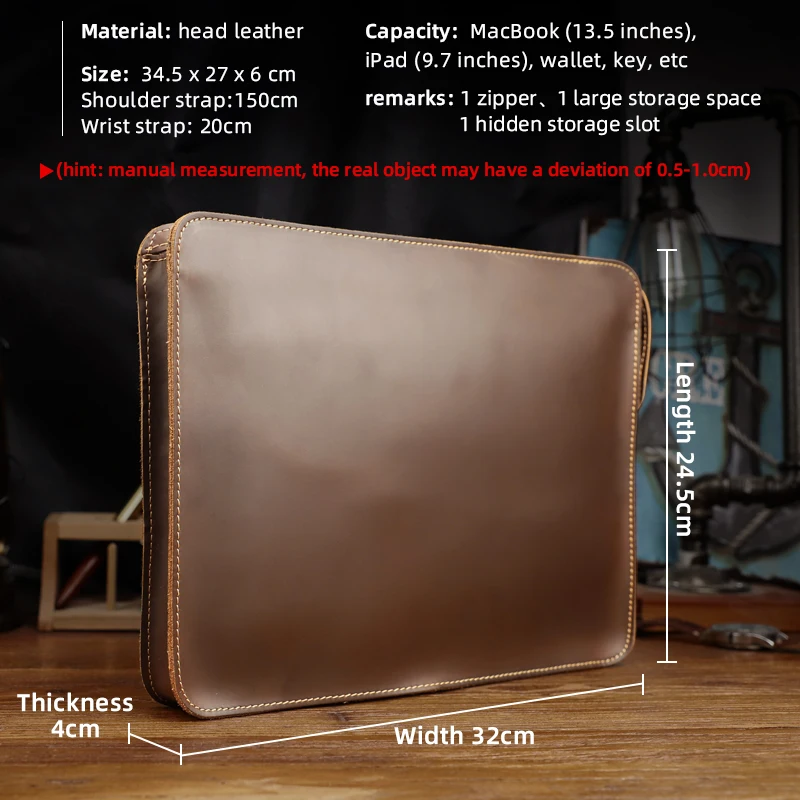 Men's Bag Retro Genuine Leather 13.5'' Laptop Crossbody Bag Portable Briefcase Men's Handbag Shoulder Bag