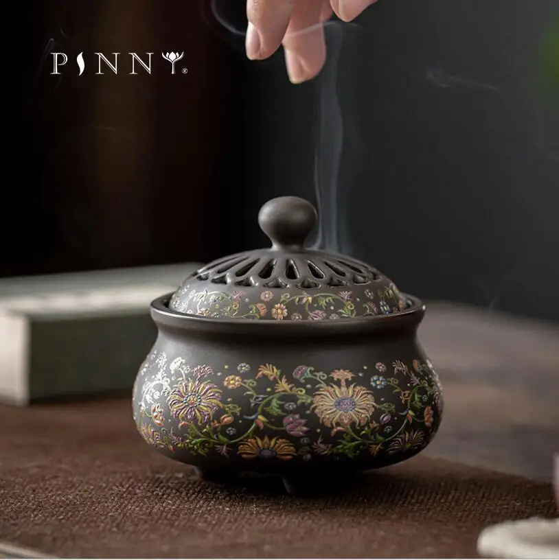 PINNY Large Cloisonne Ceramic Incense Burner Zen Antique Coil Incense Base Sandalwood Censer Room Decoration Meditation