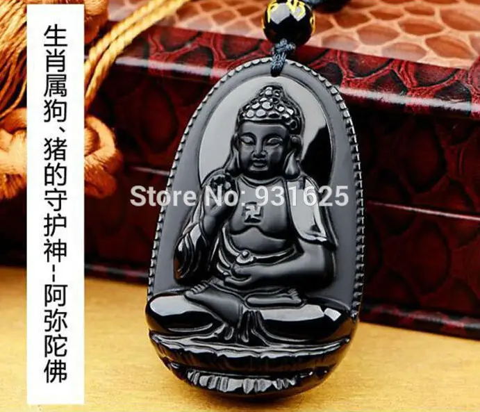 

Natural Black Obsidian Carved Buddha Amituofo Amulet Lucky Pendant beads Necklace For Women Men Fine Jewelry Free Rope