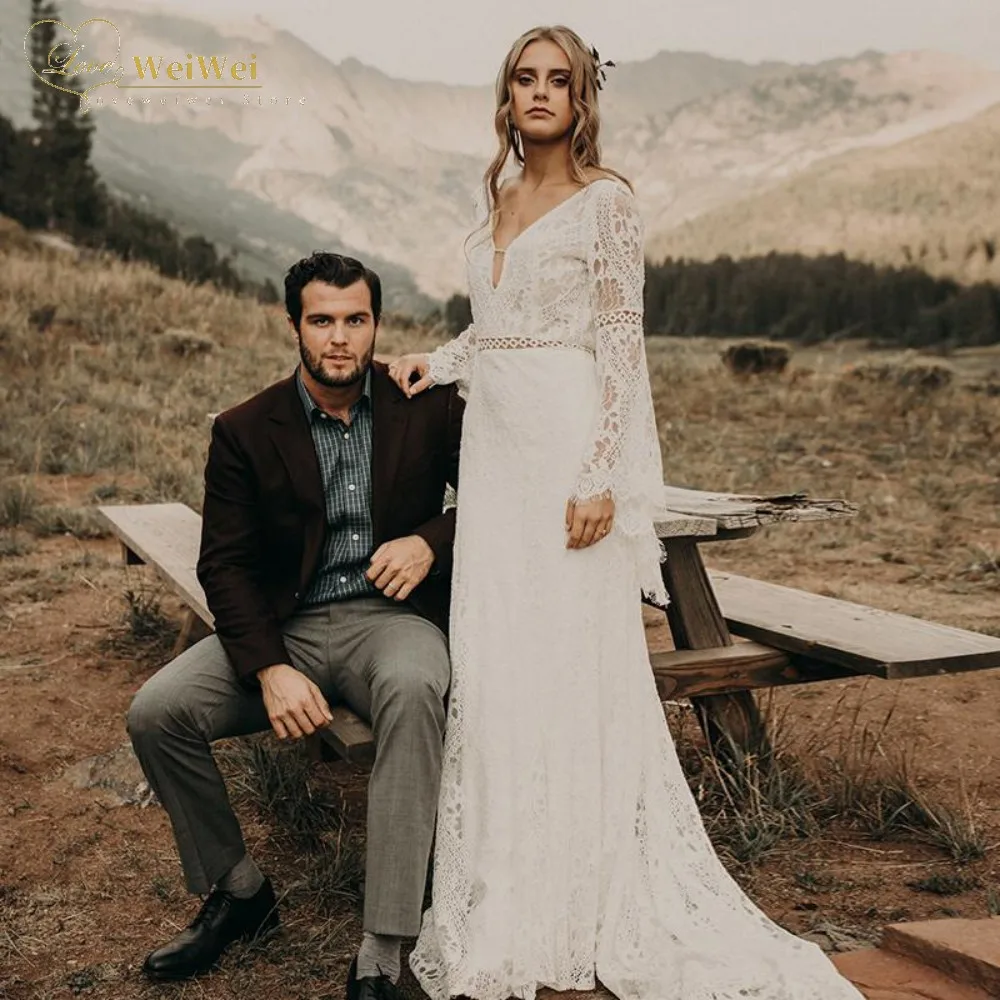 Gaun Pernikahan Bohemian Elegan Gaun Pengantin Model Deep A-Line Kerah V Court Train Lengan Flare Panjang Punggung Terbuka Selempang Renda Vestido De Noiva