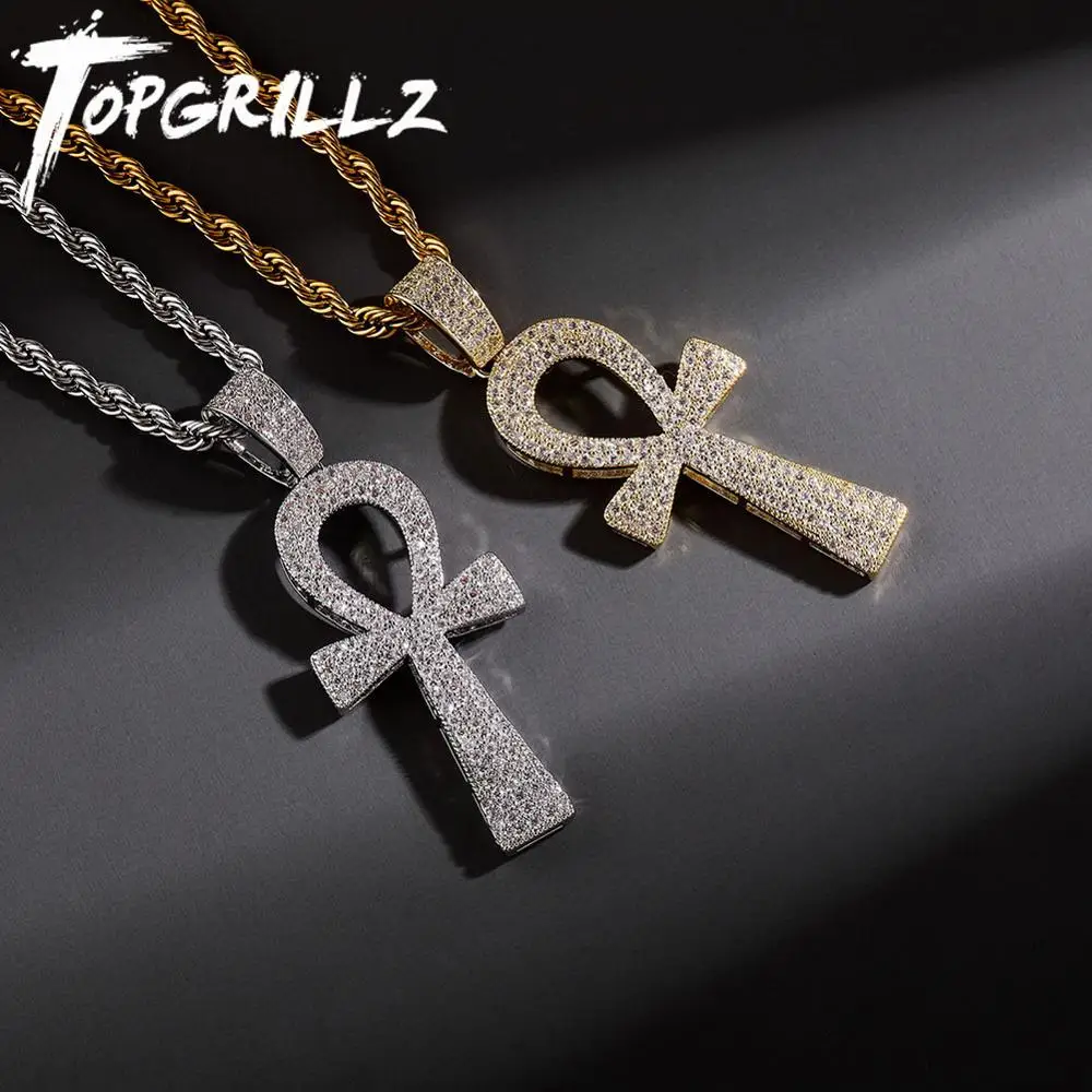 TOPGRILLZ Hip Hop New Style Ankh Necklace Copper Gold/Silver Color Plated Micro Paved AAA CZ Stone Pendant Necklace Rope Chain