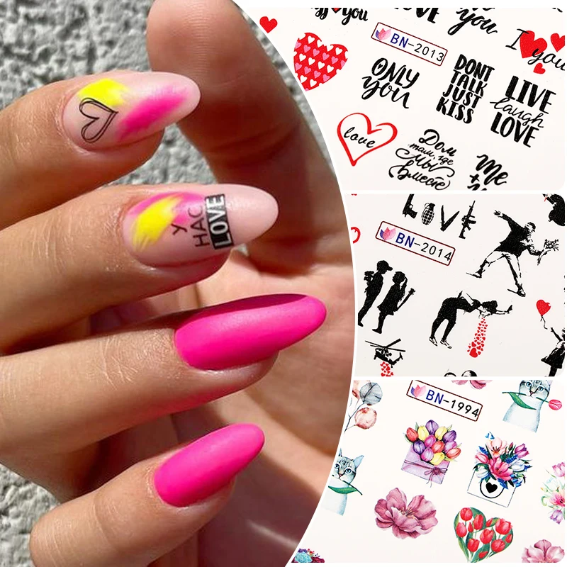 12pcs Valentines Love Letter Water Decals Flower Sliders Nail Stickers for Manicure Nail Art Decoration Transfer Water Sticker