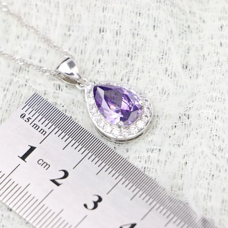 Water Drop Pendant Silver 925 Bridal Necklace Purple Cubic Zirconia for Women