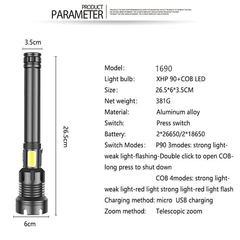 100000 Lumens  XHP90.3 Most Powerful Led Flashlight Tactical Flashlight USB Rechargeable Torch XHP70 Lantern For Outdoor Camping