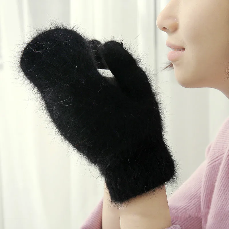 Rabbit Wool Gloves Female Winter Mittens Fur Gloves Fingerless Winter Women Girls Mittens Black Guantes White
