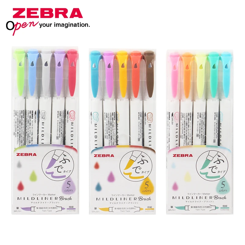 5pcs ZEBRA WFT8 Double Head Light Color Highlighter Brush Student with Marker Color Hand Account Marking Key Point Stationery