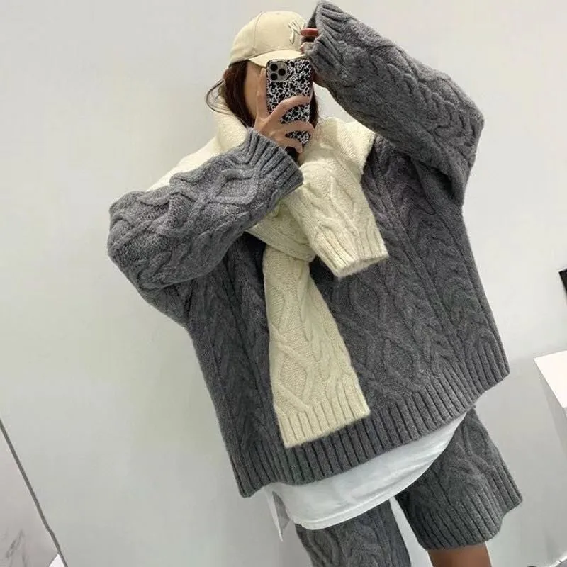 REALEFT Autumn Winter 2 Pieces Chic Women\'s Sets Knitted Tracksuit 2021 New Turtleneck Sweater and Straight Shors Pullover Suits