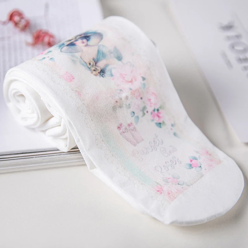 Japanese Style Harajuku Sakura Pattern Stockings Women 80D Velvet Tights Lolita Tattoo Pantyhose Kawaii Cute Tight Socks