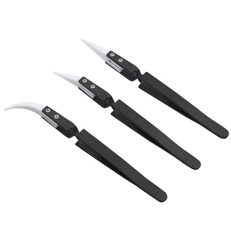 Black-White Ceramic Reverse Tweezers Stainless Steel Electronic Cigarette Anti-Static Resistant Curved/Straight Tip Tweezers