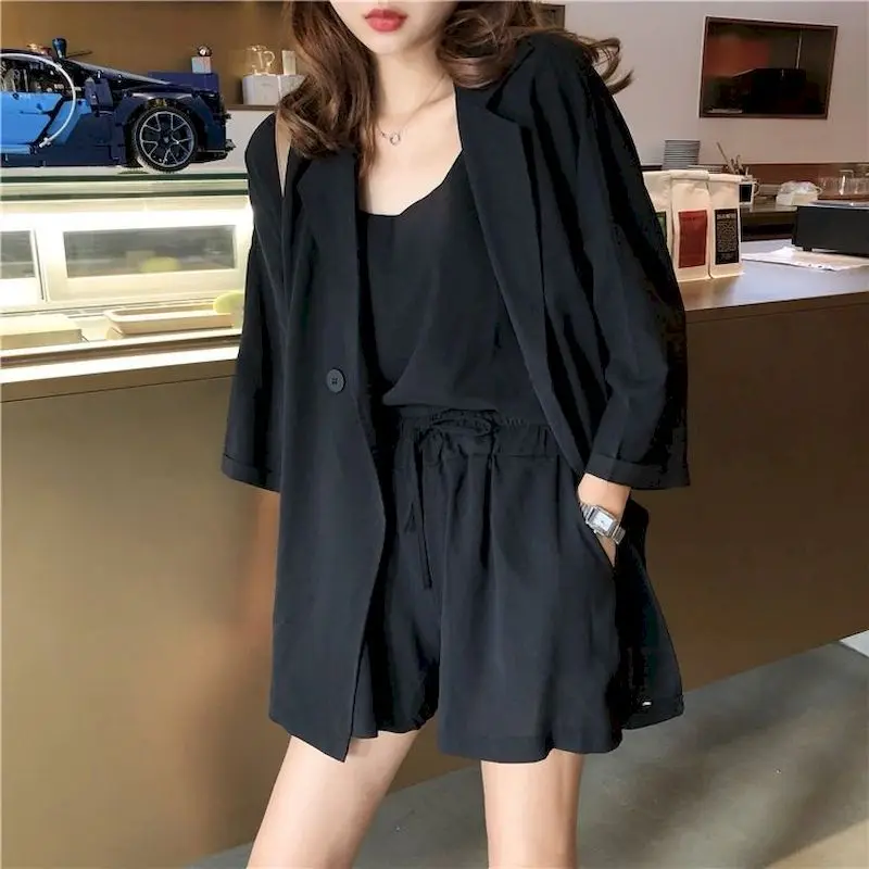 2024 Spring Summer New Women\'s Casual Outfit Korean Fashion Three Piece Sets Small Sling Suit Jacket High Waist Short Pants Suit