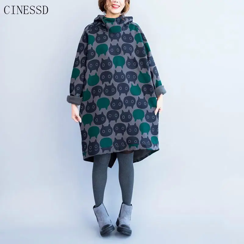 Felpa con cappuccio oversize Cat Dress 2022 autunno inverno Kawaii Cartoon Women Vintage Long Hooded Dresses felpe con stampa spessa in velluto