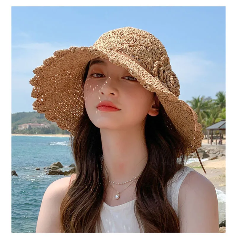 2021 FASHION Summer New Women\'s Sun Hat Bucket cap beige lace Bowknot Flowers Ribbon Flat top Panama soft Straw Hat Beach Caps