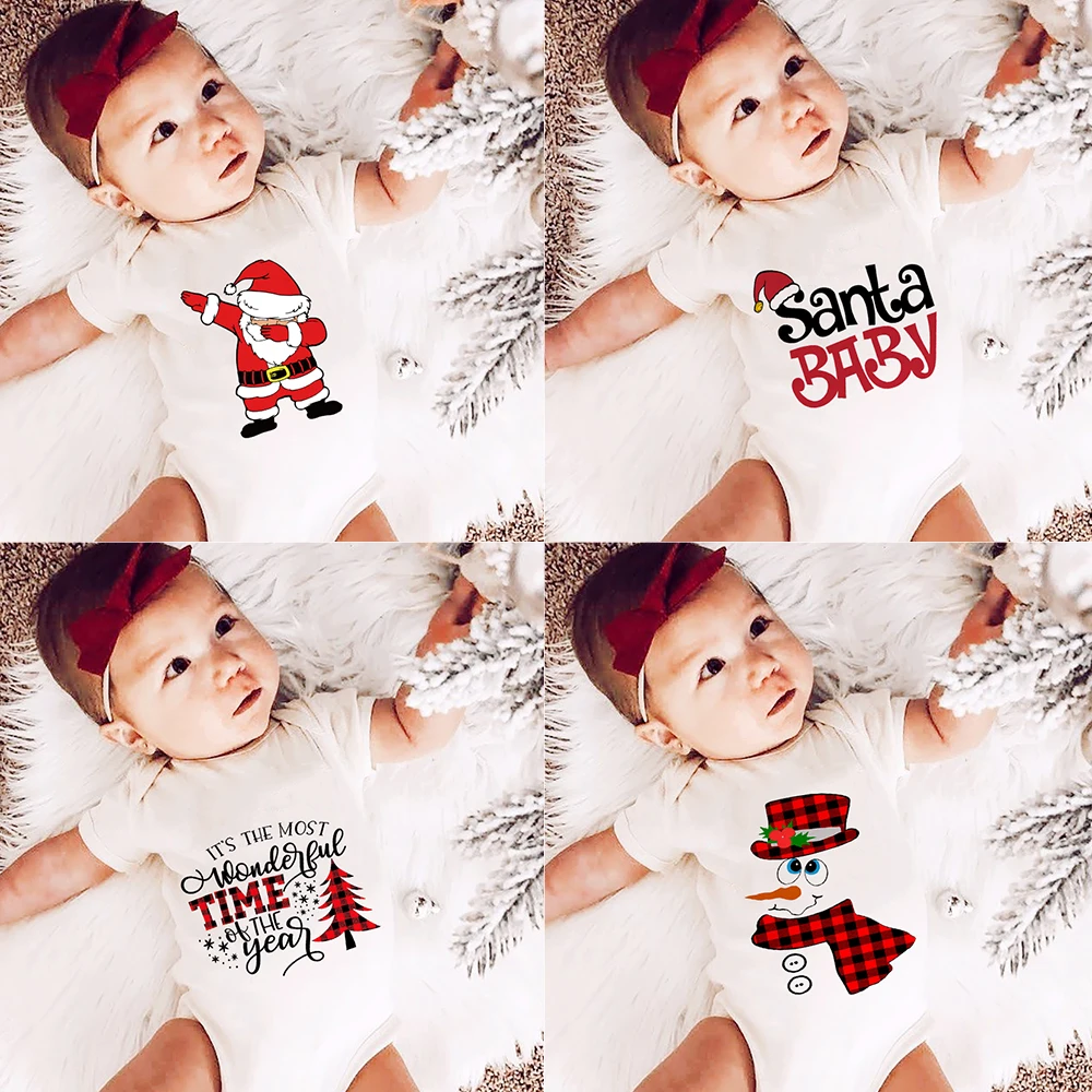 Cartoon Santa Snowman Print Newborn Baby Clothes Bodysuits Fashion Casual Infant Boy Girls Short Sleeve Playsuit Xmas Party Gift