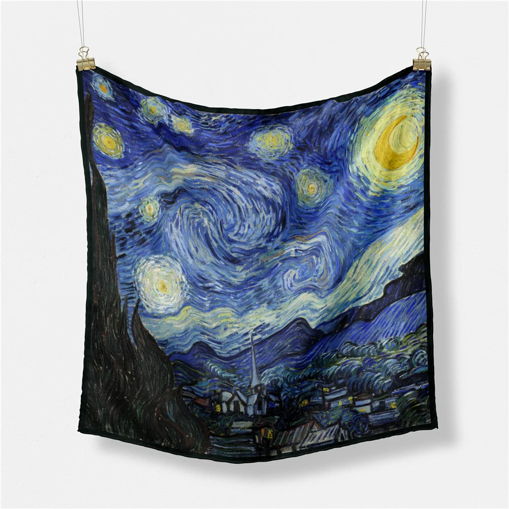 

POBING Twill Silk Scarf Woman Van Gogh Print Square Scarves Wraps Bandana Small Hijabs Foulards Tie Headband Neckerchief 53CM
