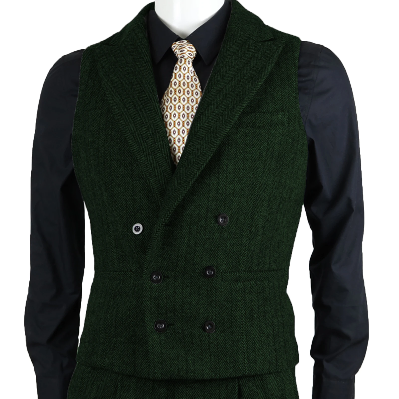 Men\'s Suit Vest Herringbone Tweed Slim Fit Waistcoat Double Breasted Sleeveless Jacket For Wedding