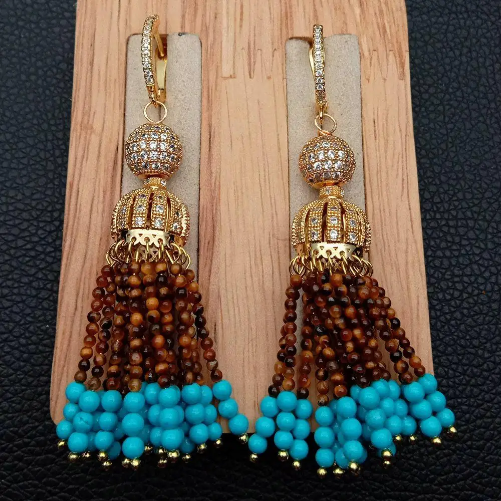 Immagine 4: YYGEM Orecchini a leva con cappuccio placcato color oro con pavé di turchese blu e occhio di tigre giallo naturale rotondo