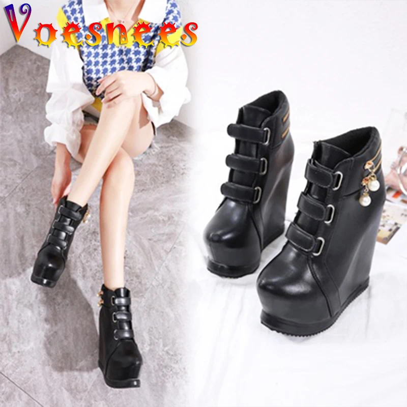 New Wedges Shoes for Women Ankle Boots ZIP Thick Bottom Pearl Sexy High Slope Spring and Aurumn Shoes Ladies Platform High Heels