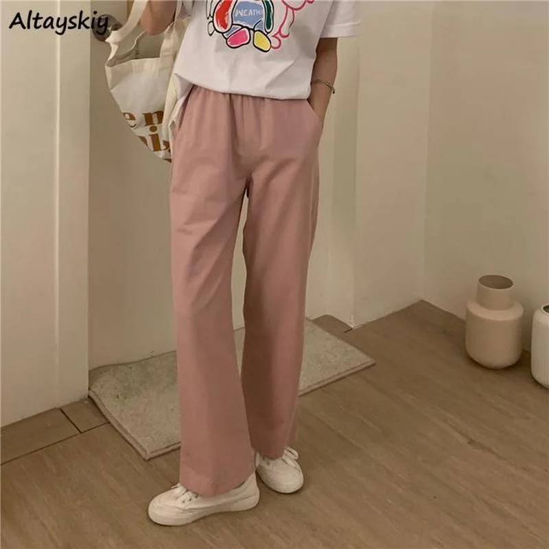 Pants Women Solid Color Full-length Ladies Trousers Japanese Style Simple Elastic Waist Loose Straight Workout College Spring