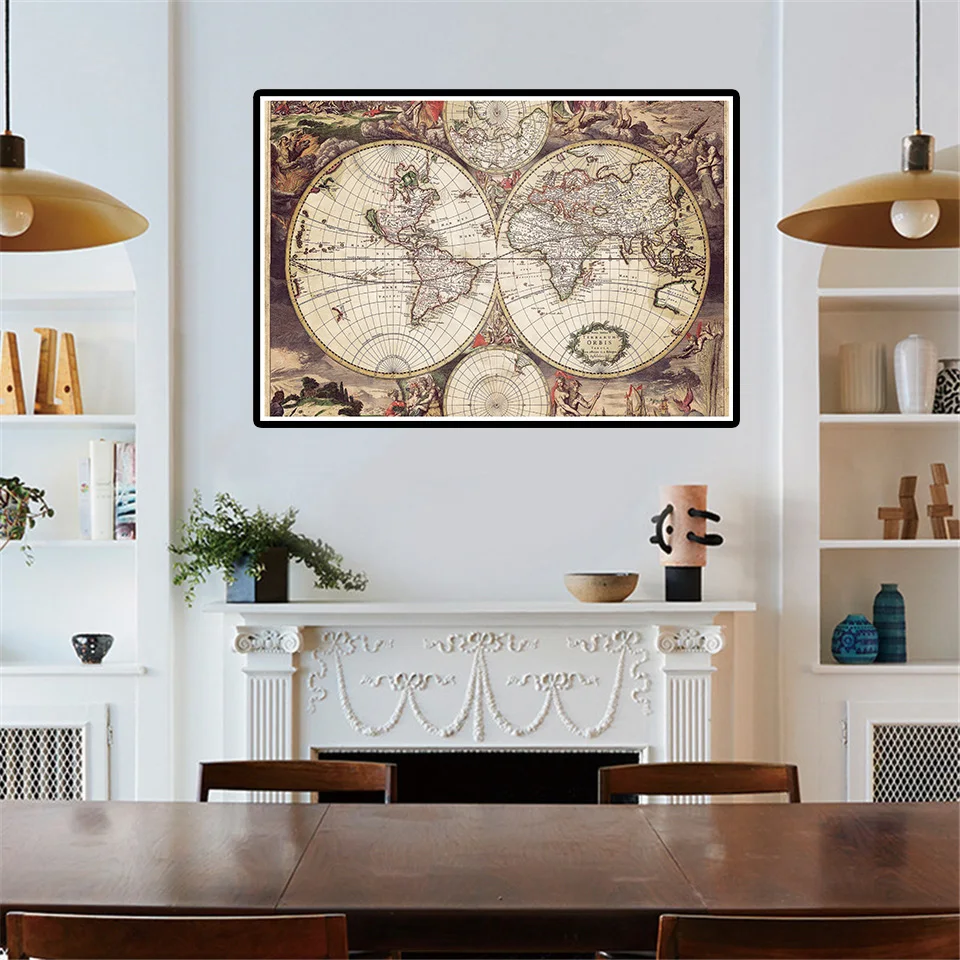 3*2 Feet The World Map Retro Decorative Canvas Painting Medieval Latin Wall Art Poster Living Room Home Decor School Supplies